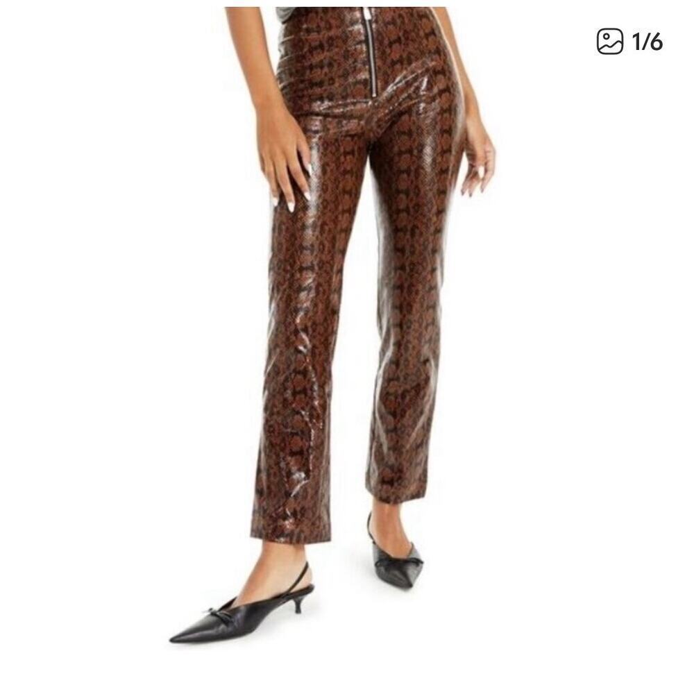 Danielle Bernstein Brown Snake Print Faux Leather Zip Front Pants Size 4